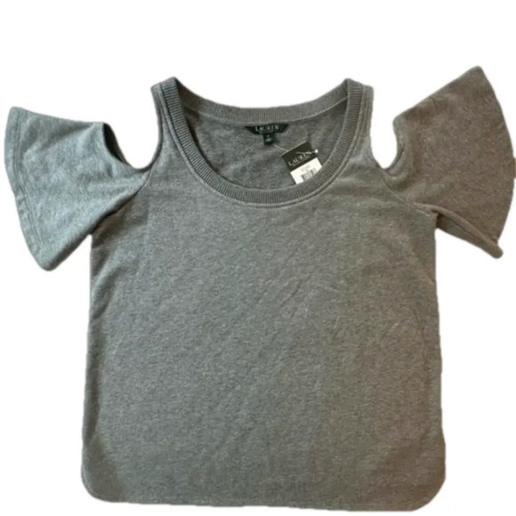 NWT Ralph Lauren Grey Cold Shoulder Bell Short Sleeve Cotton Sweatshirt Top  M - Picture 1 of 8